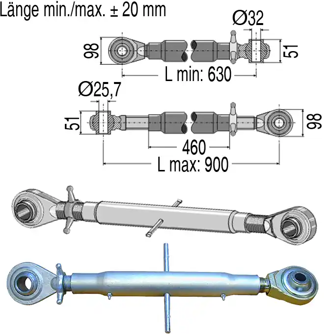 Top-Seller Oberlenker mechanisch, 630-900 mm, Kat. 3 + 2
