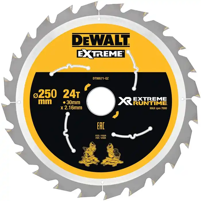 DeWalt Kreissägeblatt, DT99571, Außen-D.250mm Bohrung 30mm, Anz. Zähne 24WZ/FZ, Preisreduziert
