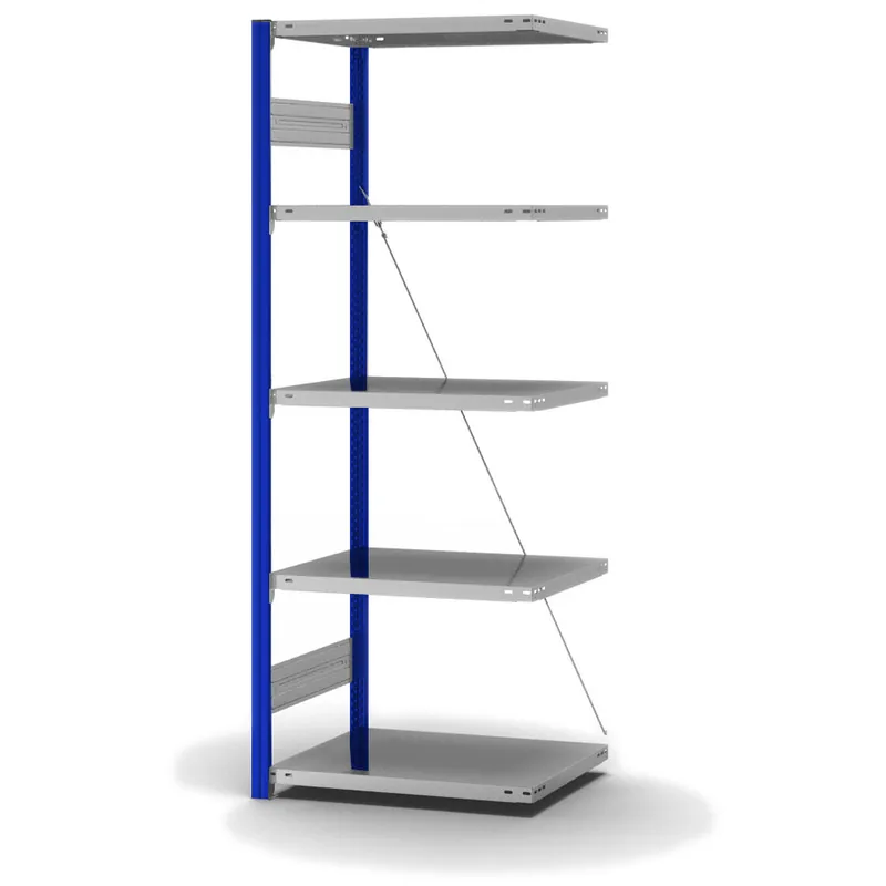Preisknaller hofe Anbau-Fachbodenregal für Einseitige Nutzung - Stecksystem ORION PLUS - Fachlast 140 kg - H2000 B750 T500 mm - Profile RAL5010 enzianblau - Böden verzinkt