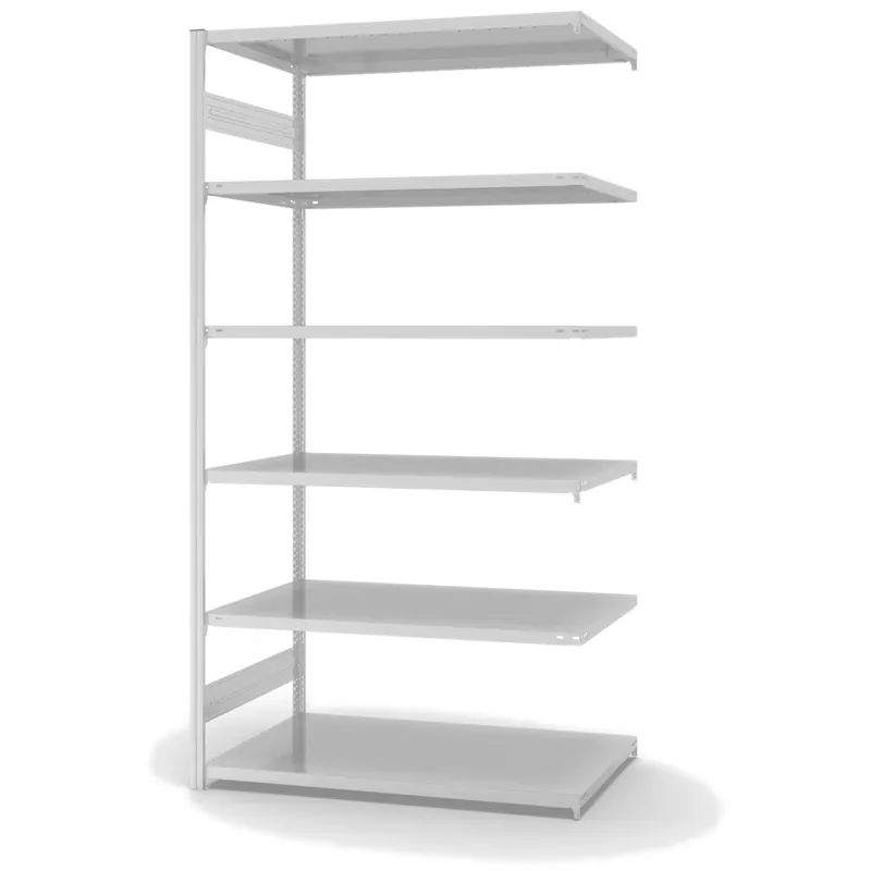 hofe Anbau-Fachbodenregal für Beidseitige Nutzung - Stecksystem ORION PLUS - Fachlast 190 kg - H2500 B1300 T800 mm - RAL7035 Lichtgrau Direktkauf