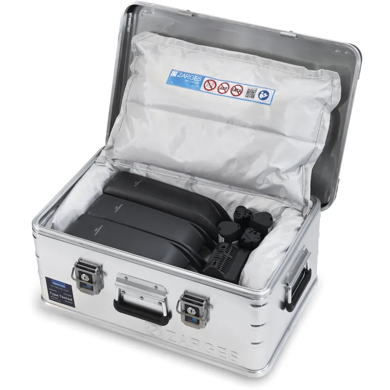 Bestpreis ZARGES Akku Storage Box; 42l, IM: 550x350x220mm mit Brandschutzkissen