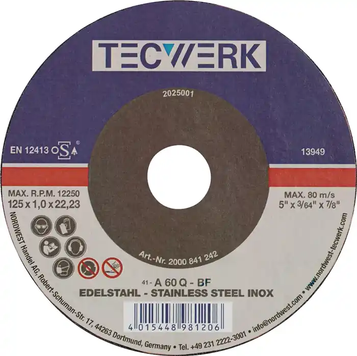 Billig Trennscheibe INOX D115x1,5mm ger.INOX Bohr.22,23mm TECWERK VE: 25 Stück
