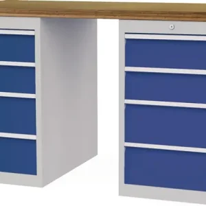 Markenprodukt Werkbank B1500xT750xH859mm Buche-Multiplex lichtgrau/signalblau 8Schubl.Türen