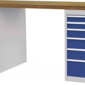 Preisreduziert Werkbank B2000xT750xH859mm Buche-Multiplex lichtgrau/signalblau 12Schubl.