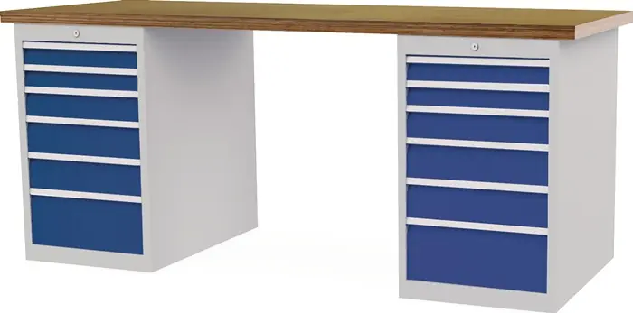 Preisreduziert Werkbank B2000xT750xH859mm Buche-Multiplex lichtgrau/signalblau 12Schubl.