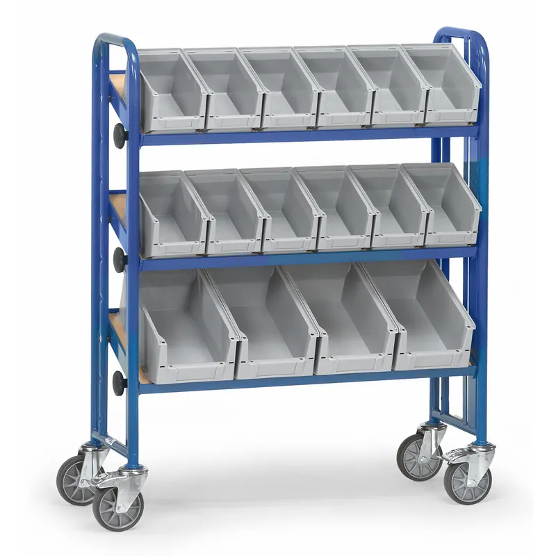 fetra Montagewagen pulverbeschichtet blau/RAL 5007 neigbare Böden aus Holz Sonderaktion