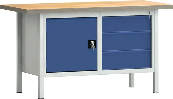 Werkbank PW 700 B1500xT700xH840mm Buche Multiplex lichtgrau/blau 3 Schubl.1 Tür Preis Gesenkt