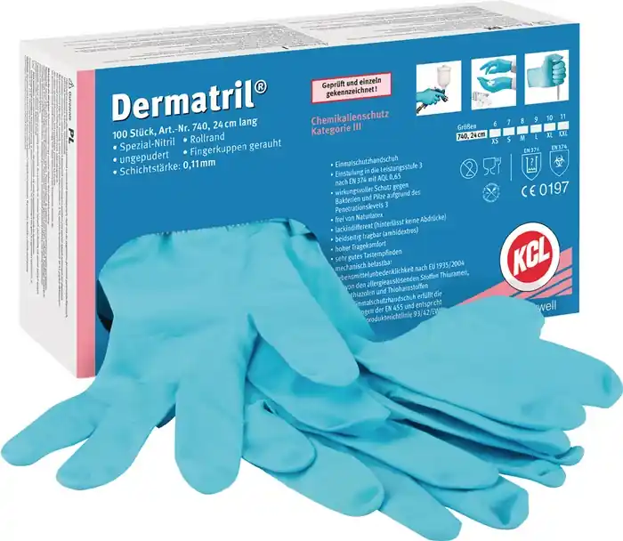 Einw.-Handsch.Dermatril 740 Gr.7 blau Nitril 100 St./Box Ausverkauf