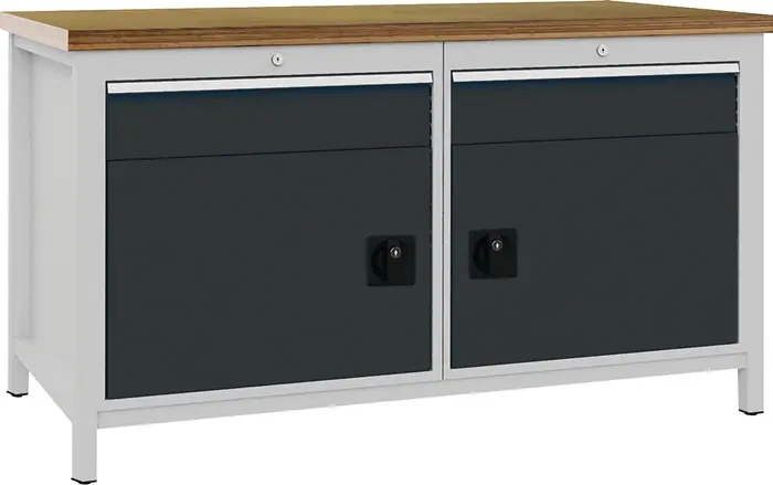 Angebot Werkbank grau lichtgrau B1500xH859xT750mm Multiplex 40mm 2 Schubl.2 Türen