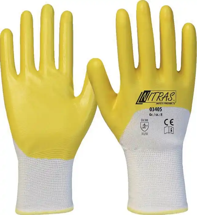 Angebot Handschuhe 03405 Gr.11 weiß/gelb PES m.Nitril EN 388 PSA II 12 NITRAS SAFETY VE: 12 Paare