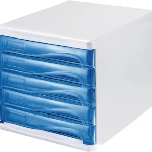 Heißes Angebot Schubladenbox 5 Schubl.weiß/blautransparent Ku.H245xB265xT340mm HELIT