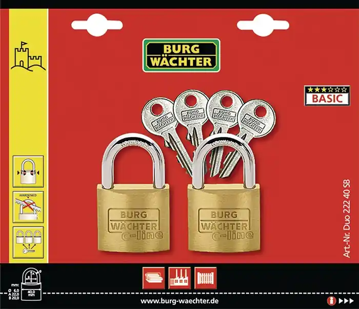 Sichere Zahlung Vorhangschloss-Set Duo 222 40 Bügel-S.6mm Bügel-H.22mm BURG-WÄCHTER VE: 5 Stück