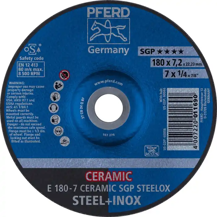 Schruppscheibe CERAMIC SGP STEELOX D180xS7mm gekr.STA Bohr.22,23mm PFERD VE: 10 Stück Abverkauf
