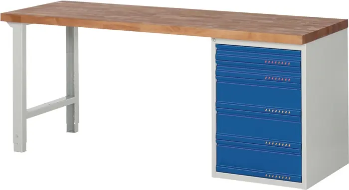 Werkbank Ser.BK 650 B2000xT700xH840mm Buche massiv grau/blau 5 Schubl.TECWERK Super-Preis