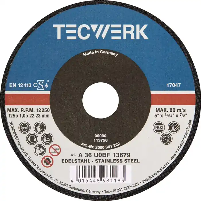 Finale Aktion Trennscheibe D125x1mm ger.Keramikkorn Bohr.22,23mm TECWERK VE: 25 Stück