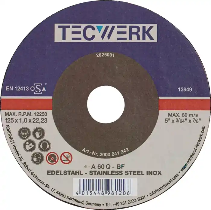 Trennscheibe INOX D115x1mm ger.INOX Bohr.22,23mm TECWERK VE: 25 Stück Letzte Chance
