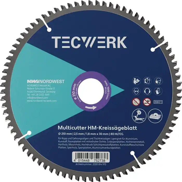 Bestseller Tisch-/Kappkreissägeblatt AD 210mm Z.80 HLTCG Schnitt-B.2,5mm TECWERK