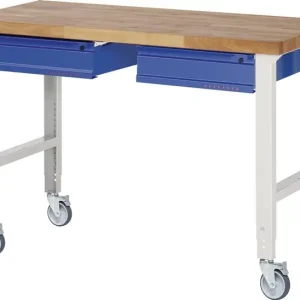 Zertifiziert Werkbank B1500xT700xH950-1000mm Buche massiv lichtgrau/blau 2Schubl.TECWERK