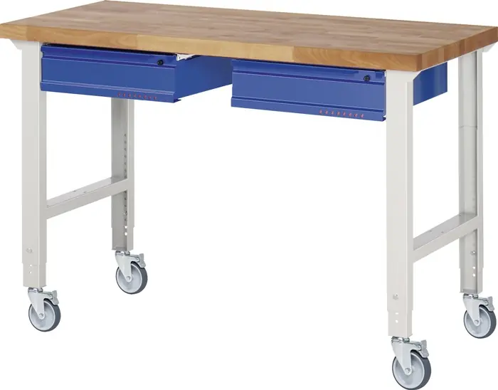 Zertifiziert Werkbank B1500xT700xH950-1000mm Buche massiv lichtgrau/blau 2Schubl.TECWERK