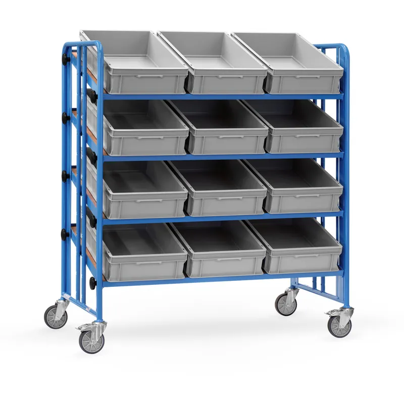 Angebot fetra Montagewagen pulverbeschichtet blau RAL 5007 mit 12 Kästen TPE Bereifung und 4 neigbaren Böden aus Holz - Nutzfläche 1280 x 658 mm