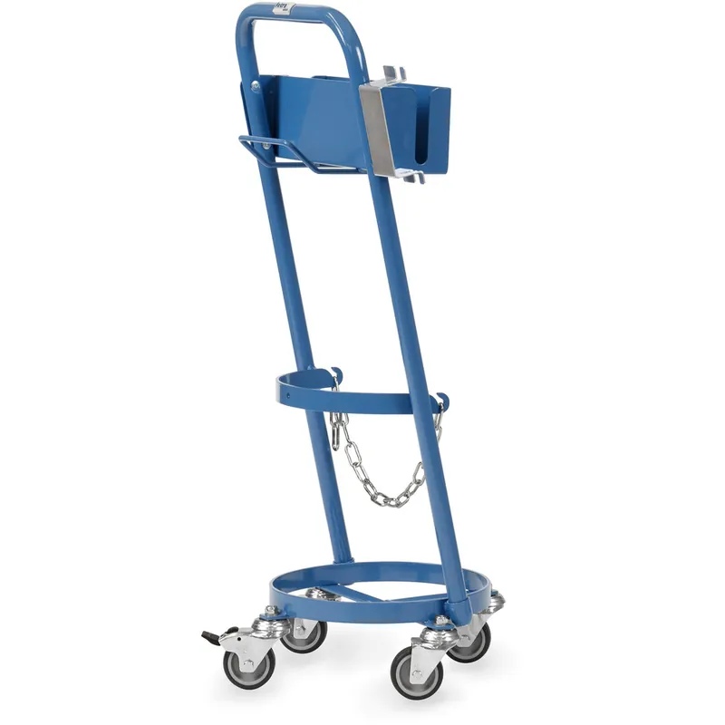 Beliebt fetra Stahlflaschenroller pulverbeschichtet blau RAL 5007 mit Schlauch-, Pistolen- und Brennerhalterung für 1 Gasflasche 11 kg Inhalt - Ø 300 mm