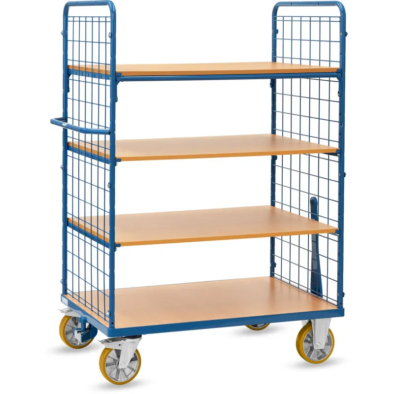 Begrenztes Angebot fetra Etagenwagen als Routenzug mit Drahtgitter und 4 Etagen pulverbeschichtet blau RAL 5007 - Nutzfläche 1200 x 800 mm