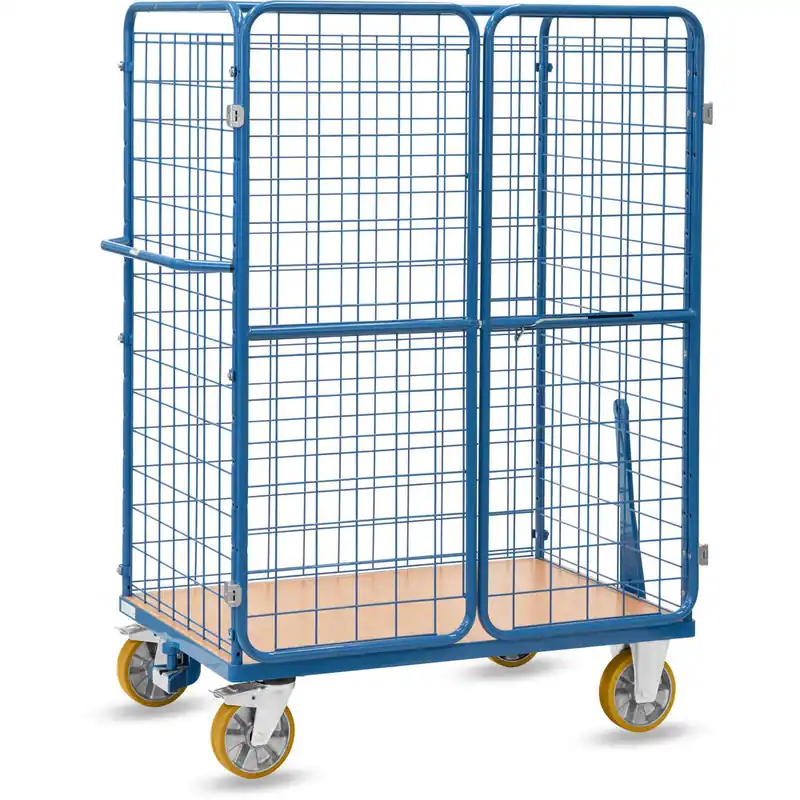 fetra Paketwagen als Routenzug mit Doppelflügeltüren und Drahtgitterwänden pulverbeschichtet blau RAL 5007 - Nutzfläche 1200 x 800 mm Saisonangebot