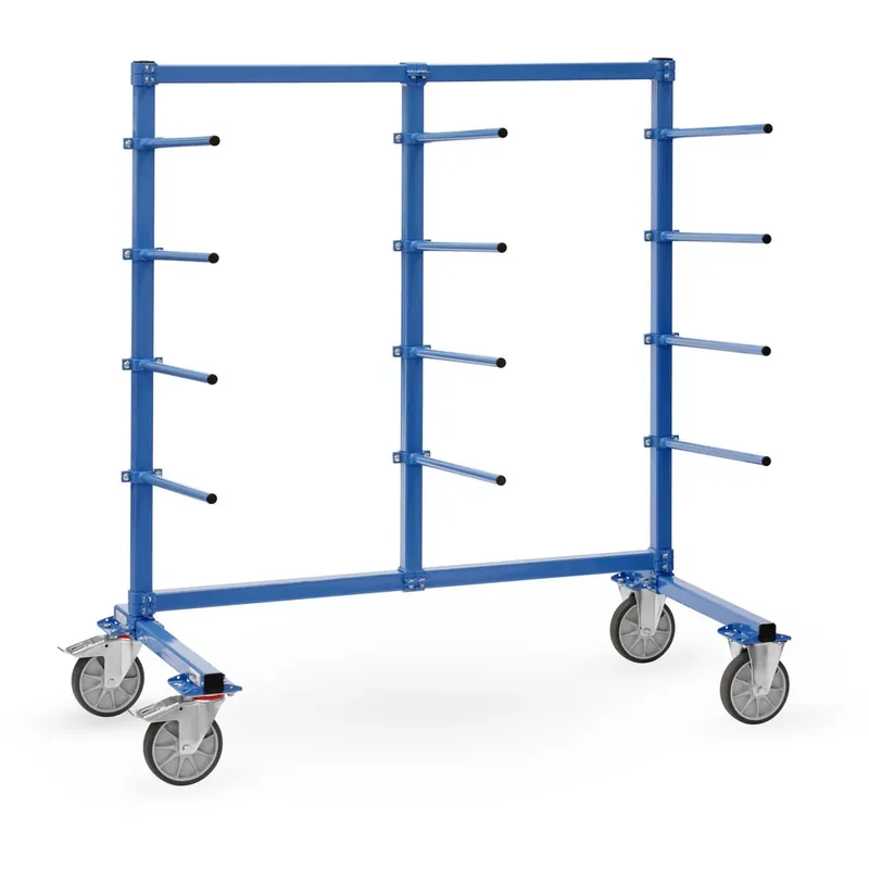 fetra Tragarmwagen mit PVC-Schlauch überzogen pulverbeschichtet blau RAL 5007 mit 12 Tragarmen 5° einseitig TPE-Bereifung Begrenztes Angebot