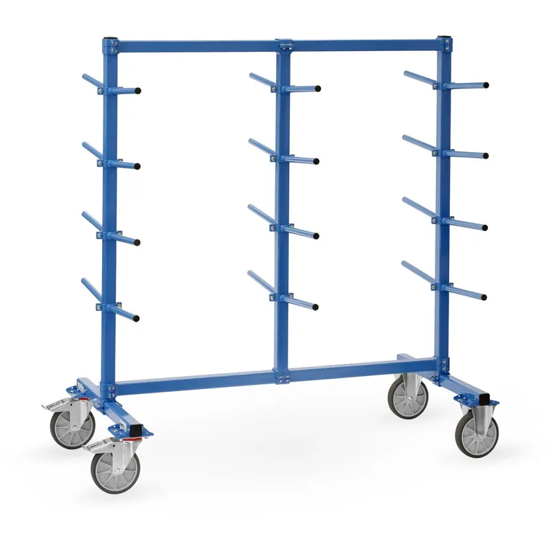 Preisreduziert fetra Tragarmwagen mit PVC-Schlauch überzogen pulverbeschichtet blau RAL 5007 24 Tragarme 5° zweiseitig TPE-Bereifung