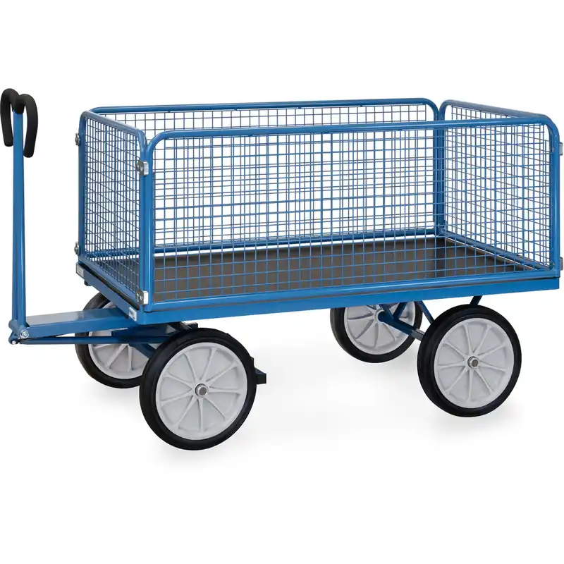 fetra Handpritschenwagen pulverbesichtet blau RAL-5007 mit Drahtgitterwänden 600 mm hoch Super-Preis